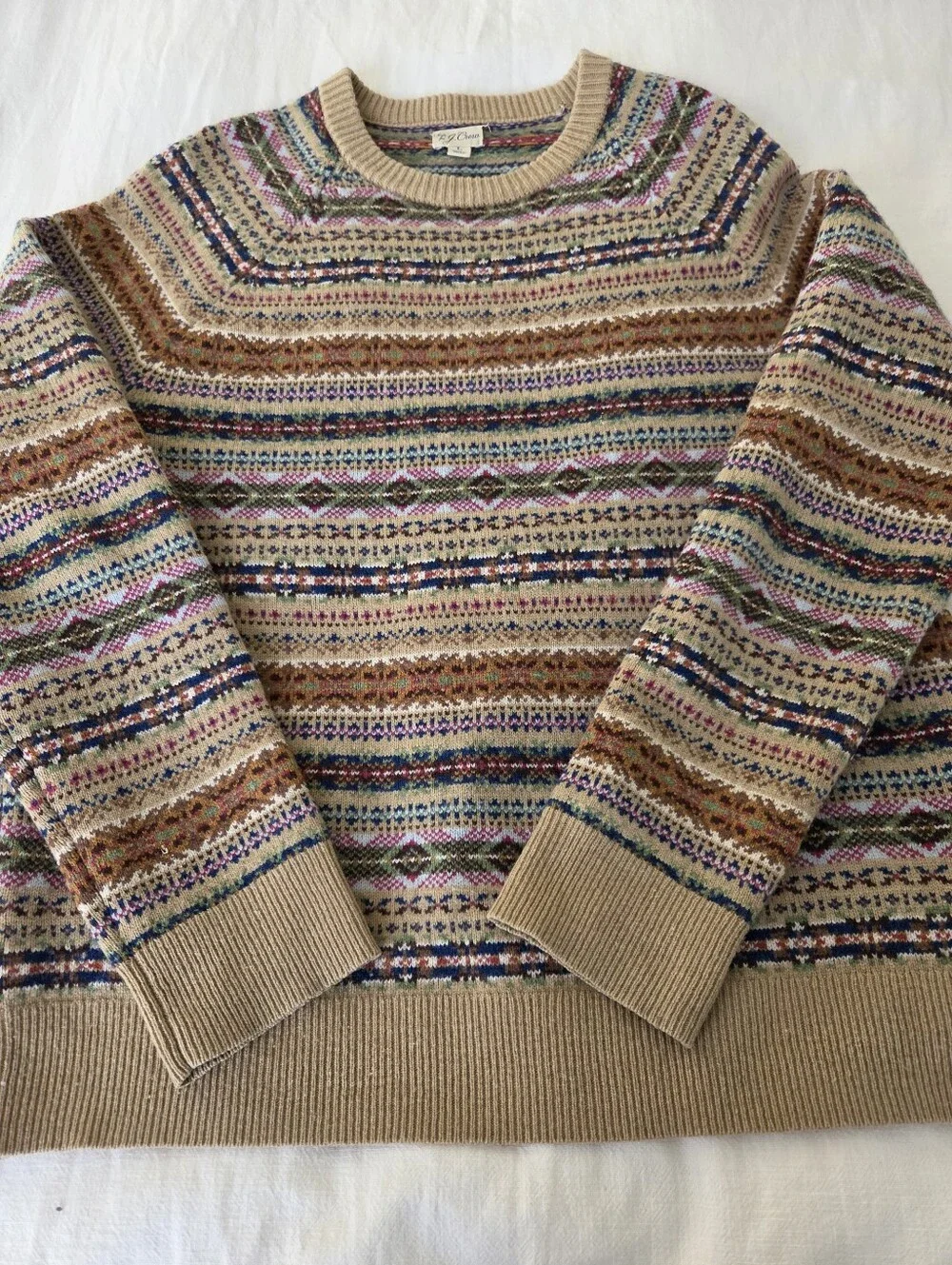J. Crew Men's Fair Isle Lambswool Blend Crewneck Sweater Heather Sand, Sz L